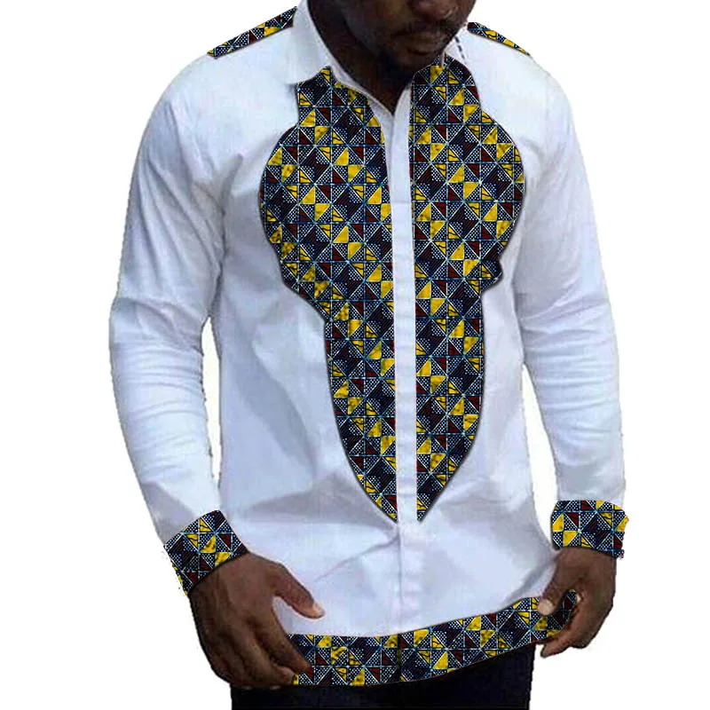 African Clothing Men's Shirt Print Wax On White Patchwork Design Lapel Tops Nigerian Fashion Male Groom Wear