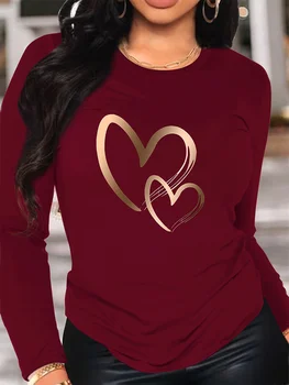 Spring and Autumn Women's 100% Cotton Fashion Casual Loose Heart Pattern Printed Long Sleeve Round Neck T-shirt 1