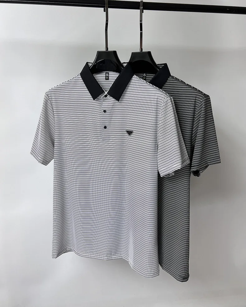 High end brand trend ice silk striped short sleeve polo shirt men's 2024 summer new fashionable print hot diamond casual T-shirt 10 Sec7644fc39ae46f69c58bbe0285a0fb35