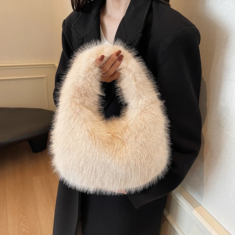 Solid Color Faux Fur Bag for Women Winter Soft Plush Handbags Ladies Small Elegant Tote Bags Fashion Trend Female Furry Purse