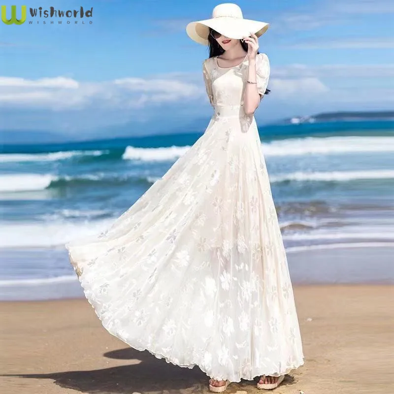 

Fashion Chiffon Jacquard Dress Women's Summer 2022 New Long Round Neck Slim Fit Temperament Big Swing Long Skirt