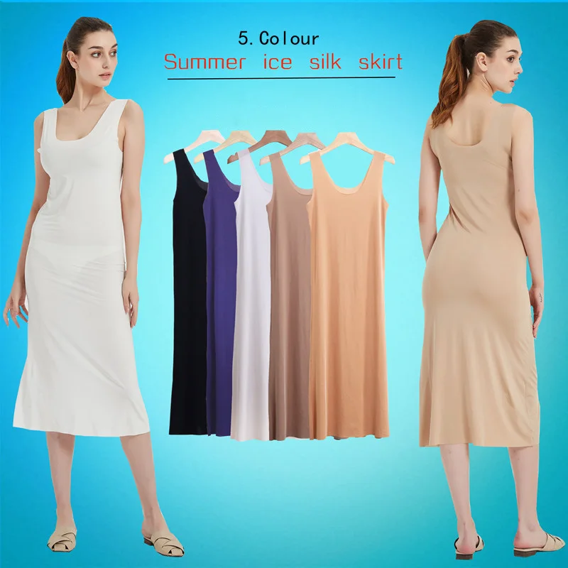 Full Slips Dresses Women Summer Ice Silk Cool Petticoat Underkirt Seamless Underwear M-5XL