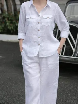 Women Elegant Lapel Neck Long Sleeve Shirt Pants Sets 2PCS Fashion Autumn Outifits Solid Work Trousers Suits Tracksuit