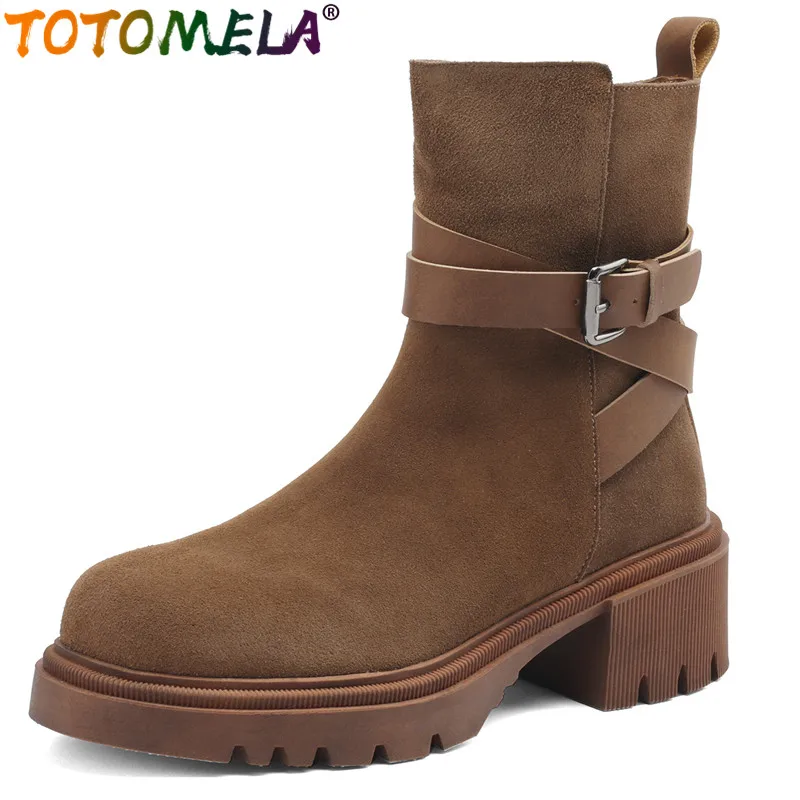 

TOTOMELA 2024 New Vintage Female Platform Winter Boots Buckle Cow Suede Leather Ankle Boots Square High Heels Zipper Boots
