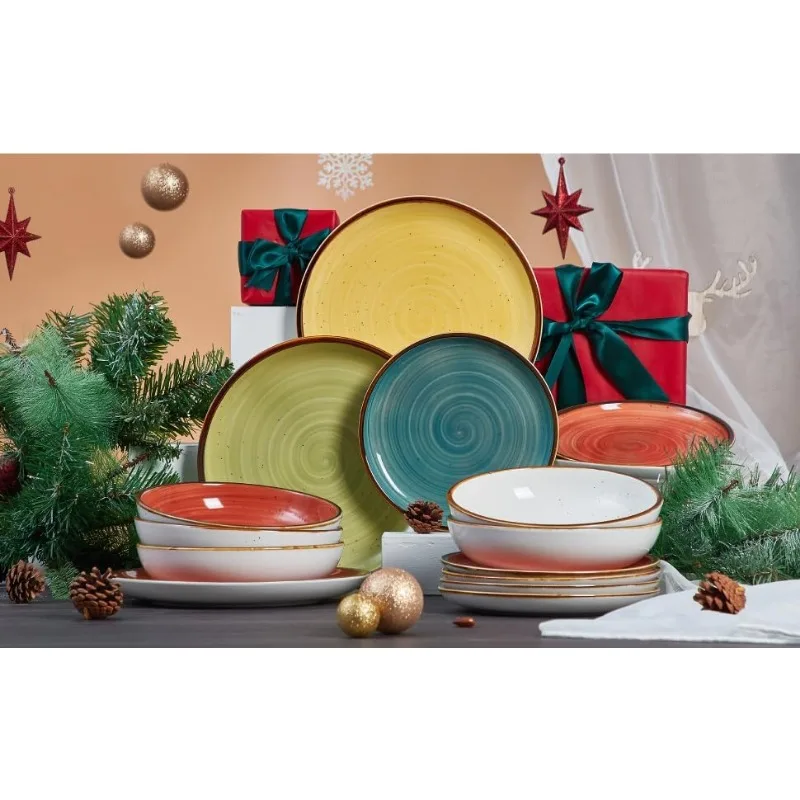 Plates Set 10.5 inch Large Dinner Plates for Salad Dessert Ceramic Serving Plate Set of 4, Microwave and Dishwasher Safe