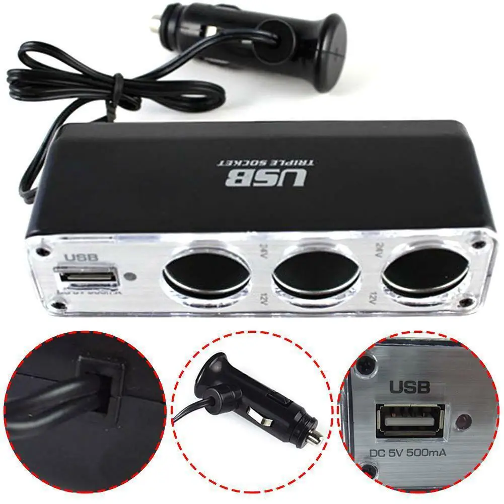 

3 Way Multi Socket Car Cigarette Lighter Splitter USB Plug Charger DC 12V/24V Triple Adapter with USB Port BX