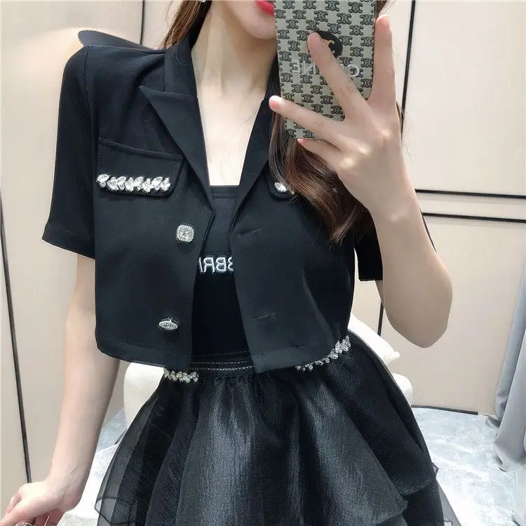 skirt sets Suit women's spring and summer diamond-encrusted suit jacket+irregular mesh stitching A-shaped skirt