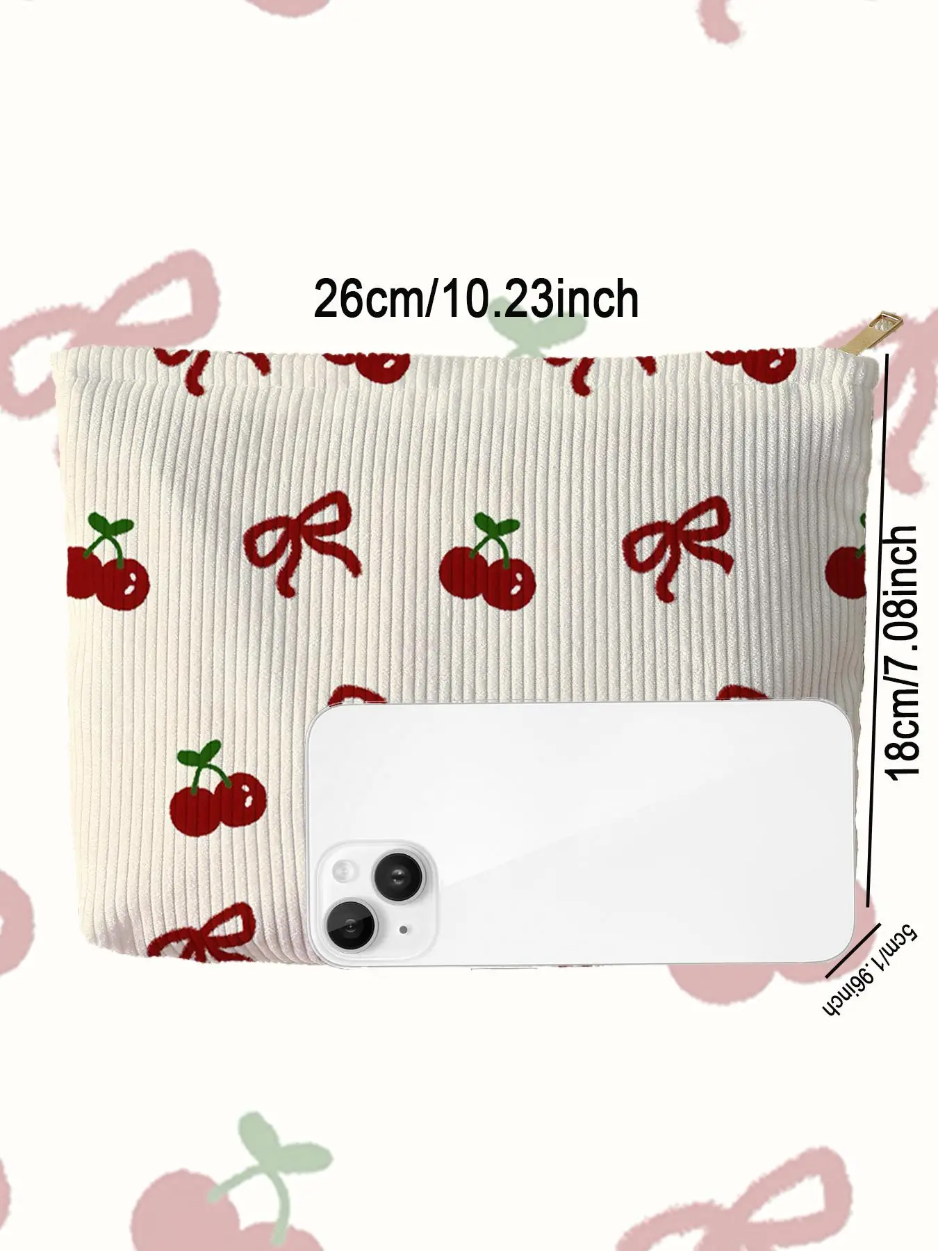 1pc，Pink bow patterned corduroy zipper makeup bag, lightweight and multifunctional makeup storage bag 3