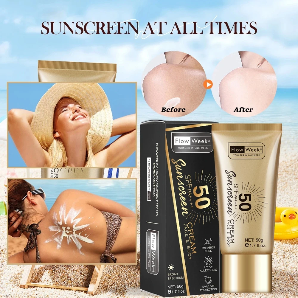 FlowWeek SPF 50 Oil-Control Waterproof UV Protector Concealer Moisturizing Brightening Facial Body Sunscreen Whitening Sun Cream