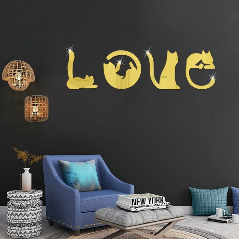 3D LOVE Cat Mirror Wall Sticker Acrylic Paste Home Decoration Cats Wallpaper Bathroom Bedroom Living Door Modern Home Decoration Wall Sticker Mirror Wall Sticker Acrylic Wall Sticker