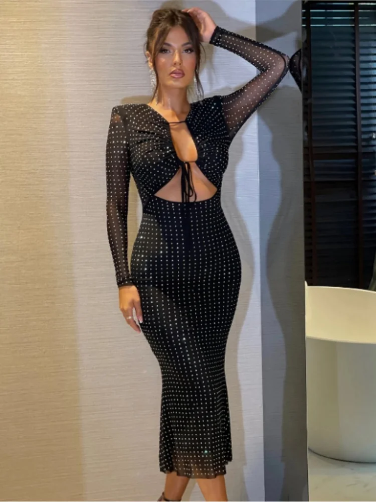 

New Fashion Black Sparkly Sequins Long Sleeve Sexy Mid-calf Bodycon Dress Celebrate Nightclub Party Cocktail Dress