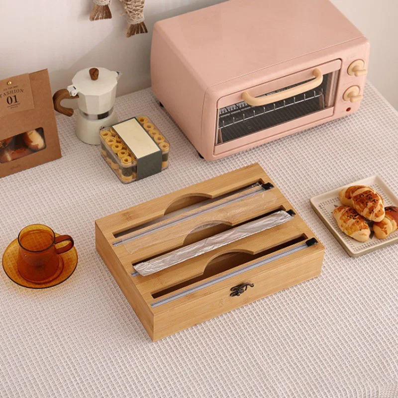 Bamboo Fresh Wrap Cut Box Wall-mounted Aluminum Foil and Plastic Wrap Foil Cutter