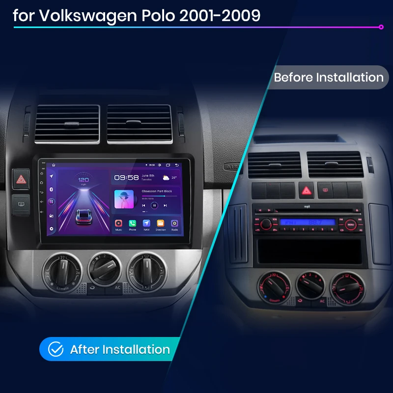 Radio para Auto Junsun con CarPlay Inalámbrico y Android Auto para Volkswagen Polo Mk4 2001-2011, 2 DIN, Multimedia Estéreo con Ventilador Integrado, Navegación GPS, SWC, Bluetooth, FM, RDS, DSP, Pantalla IPS, Sistemas Inteligentes para Auto, 4G, WiFi, 8 Núcleos, Plug&Play 2