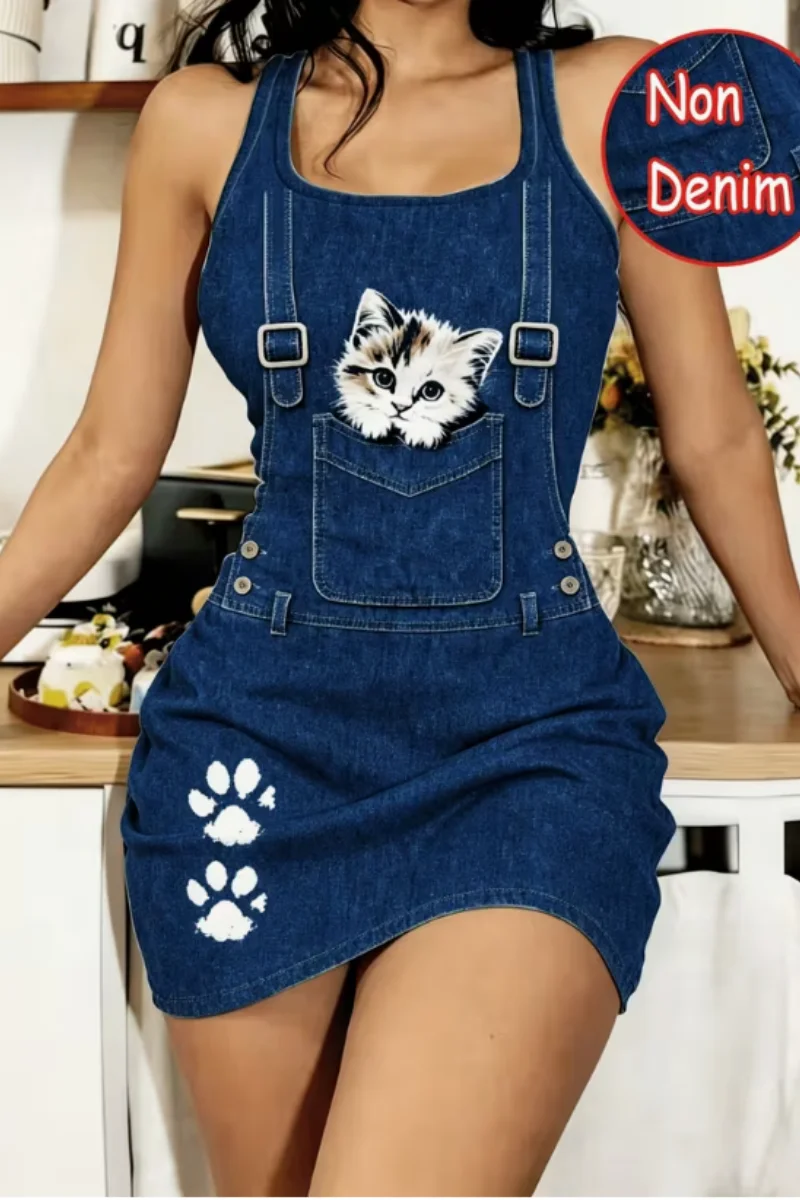 Women’s Spring and Summer Casual Home Wear, Tailored Waistcoat with Sleep Dress, Faux Denim, cartoon Cat Print, Sleeveless Sleep