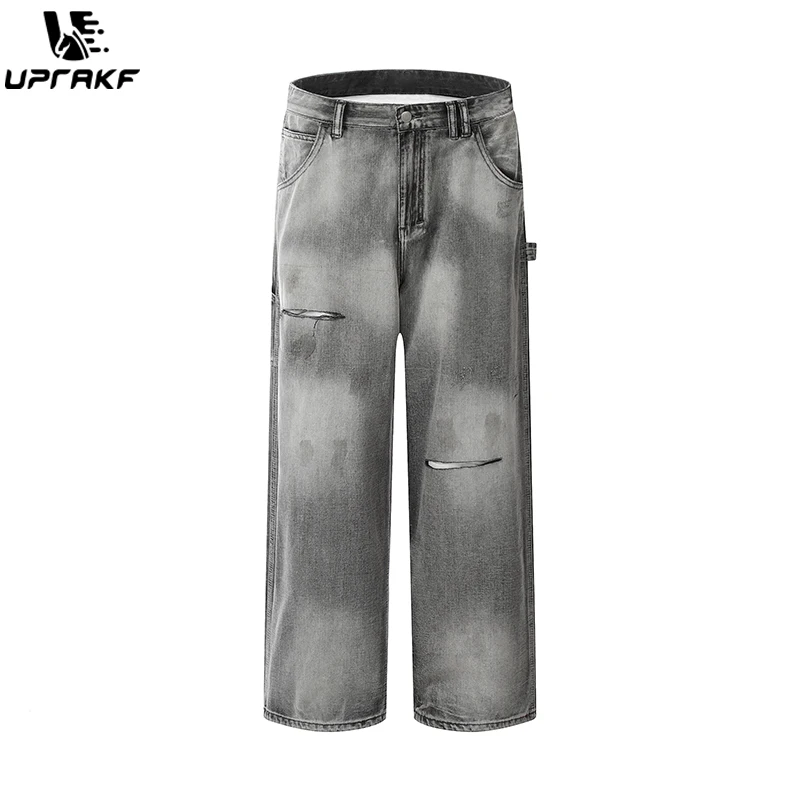 UPRAKF Straight-leg Wide Leg Streetwear Loose Ripped Jeans Basic High Street Casual Pocket Fashion Cargo Pants Harajuku