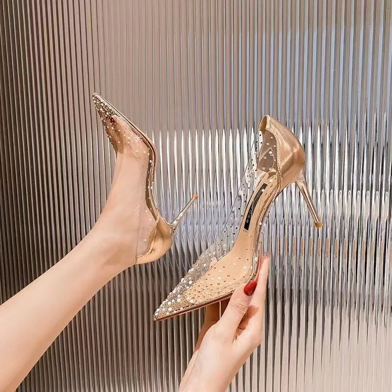 

French Style New Pointed Shallow Mouthed Elegant PVC Rhinestone High Heels Women's Slim Heels Sexy Single Shoes Party Sandals