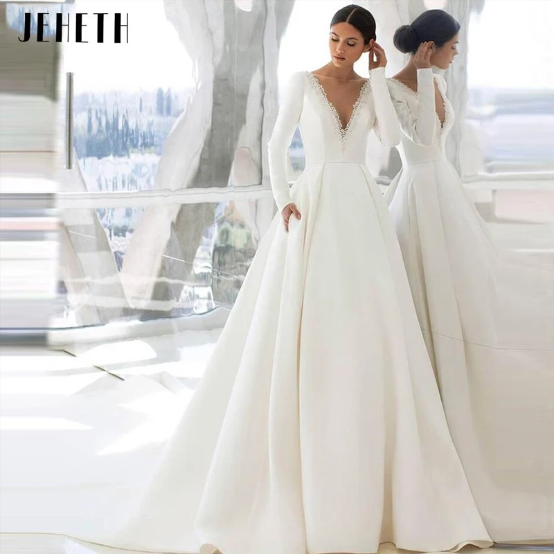 

JEHETH Charming Backless A-Line Wedding Dresses Simple Satin Long Sleeves Vestidos De Novia Delicate Beading V-Neck Bridal Gowns