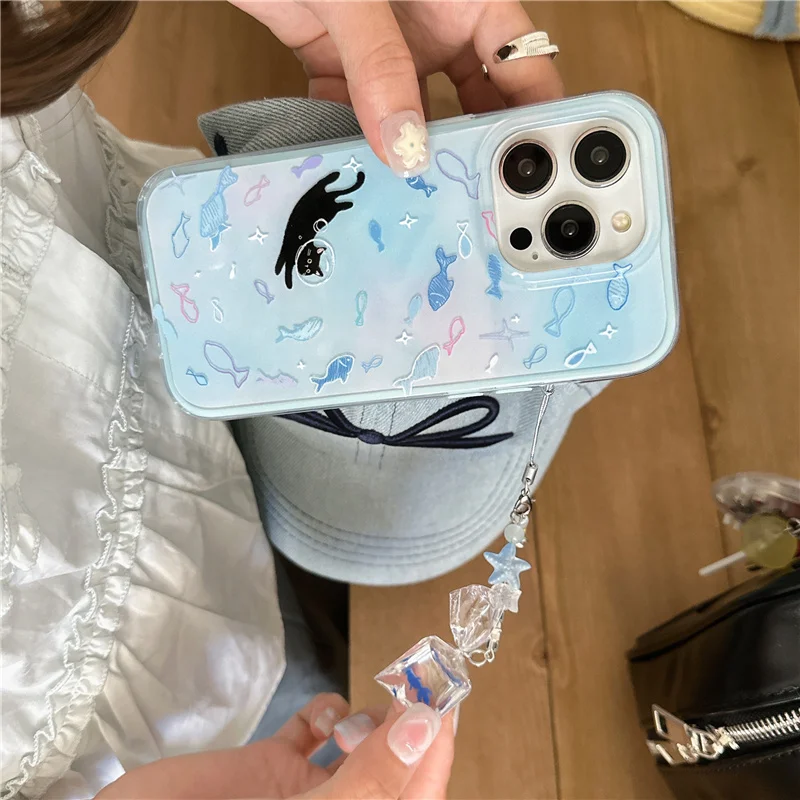 Charming Blue Fish Cat Phone Case with Chain and Shockproof Silicone Border