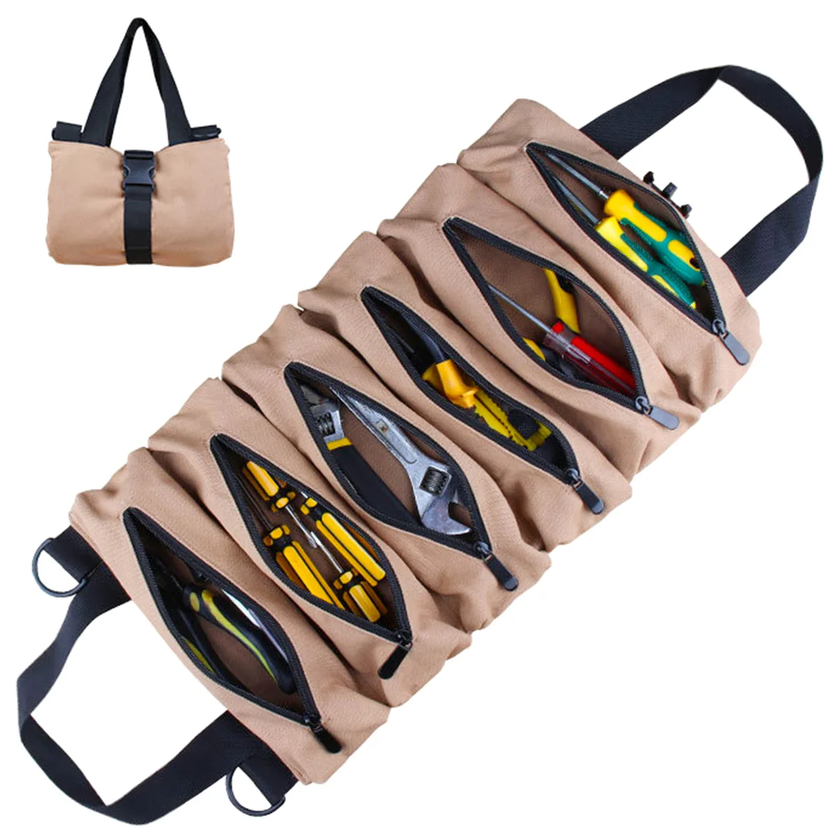 Canvas Tool Roll Up Bag Tool Pouch With 6 Zipper Pockets Large Capacity Tools Wrap Roll Storage Case Hand-held Tool Carrier Tote beehive tool bags Tool Storage Items