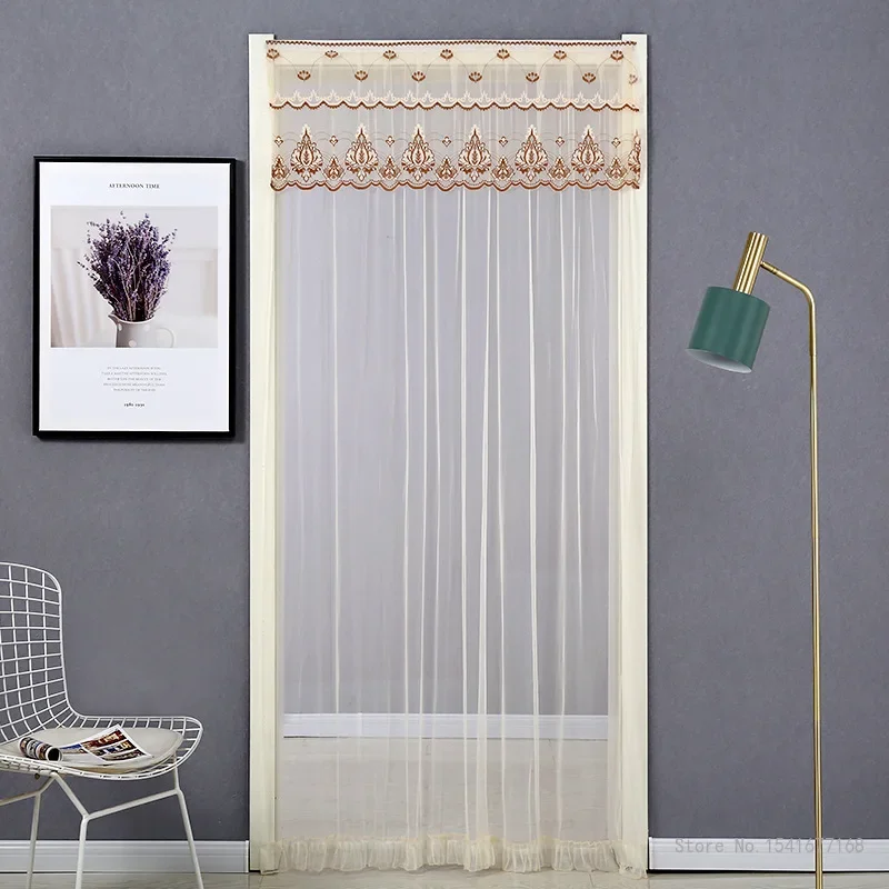 Punch-free Mosquito Screen Curtain Door Curtain, Breathable Bedroom Partition Curtain Single Layer Lace Embroidered Door Curtain