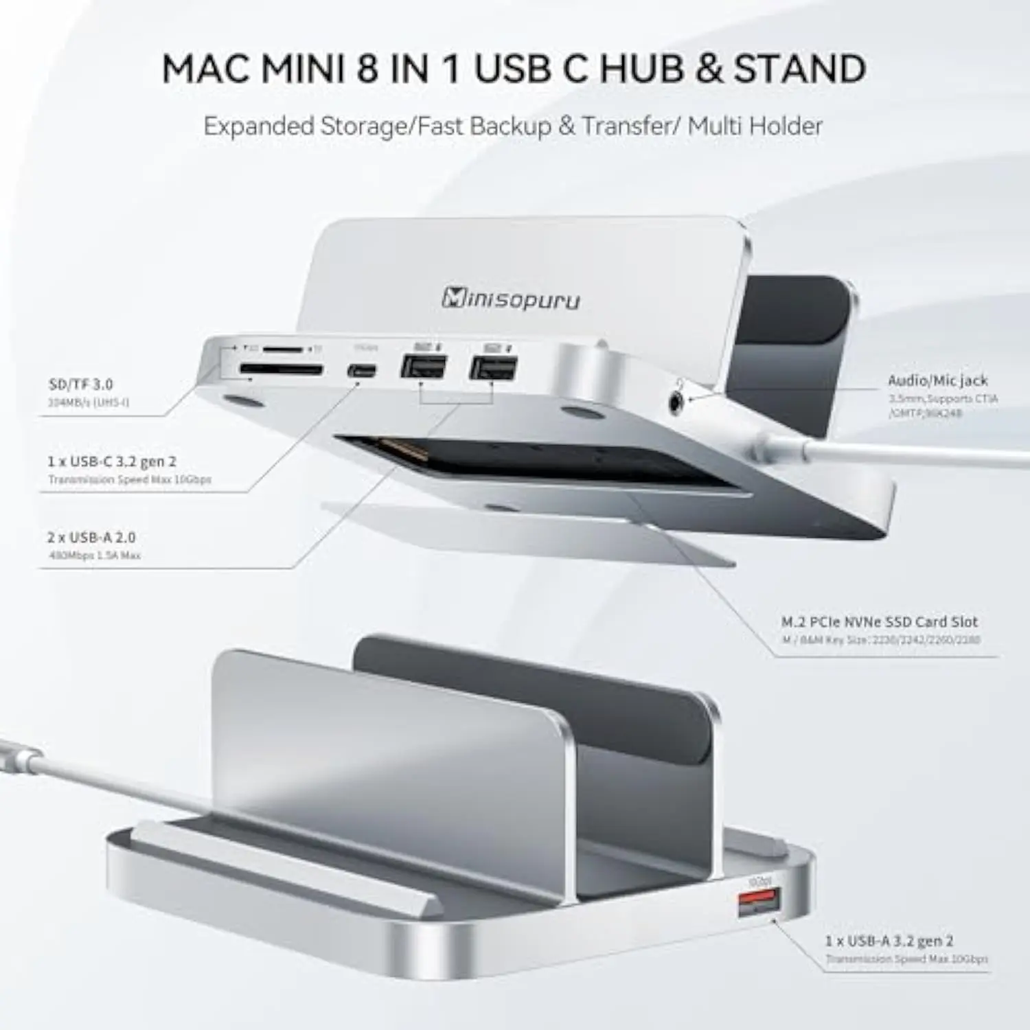 Mac mini スタンド＆ハブ NVMe SSDエンクロージャー付き Stand & Hub For Mac Mini / Studio With NVMe SSD Enclosure