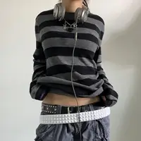 Chemise basique en tricot grunge nickel é pour femme, gris, noir, rayé, manches longues, col rond, t-shirt Y-Emo, automne Y2K 3