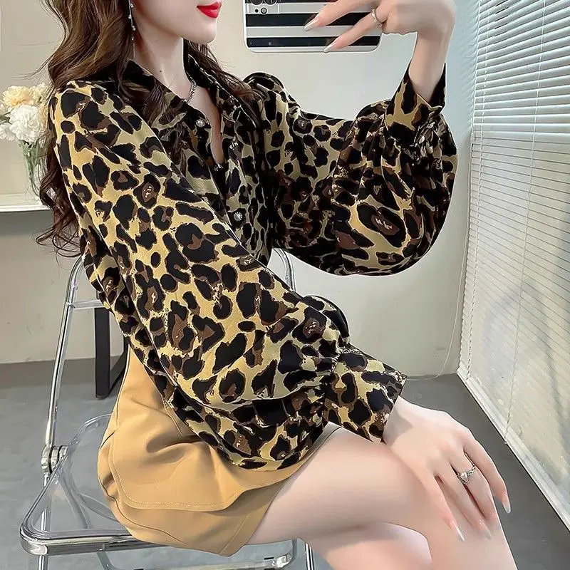 Summer New Vintage Leopard Printing Shirt Women Loose Casual All-match Buttons Blouse Ladies Lantern Long Sleeve Cardigan Top