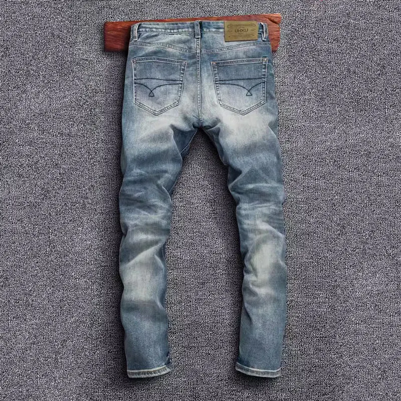 High Quality Fashion Designer Men Jeans Retro Blue Stretch Slim Fit Vintage Jeans Men Embroidery Selvedge Red Line Denim Pants