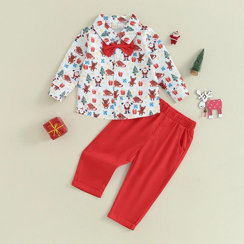 Baby Kids Boys 2-piece Outfit, Long Sleeve Santa Claus Print Bow Tie Shirt with Long Pants Christmas Outfit