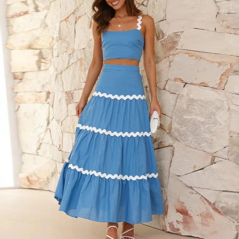 

Skinny strap+A-line Skirt 2-piece set Summer Women's Suit 2024 NEW minimalist and sexy ripple bra with oversized swing set skirt