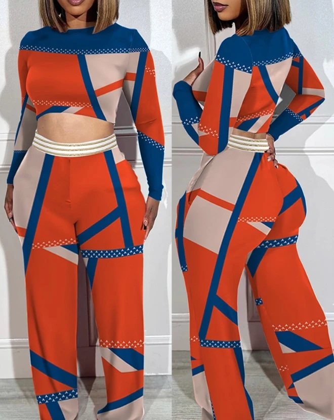 Women's Pantsr Suit 2023 Autumn New Fashion Geometric Print Colorblock Crop Top & High Waist Wide Leg Pants Set Two Piece Set