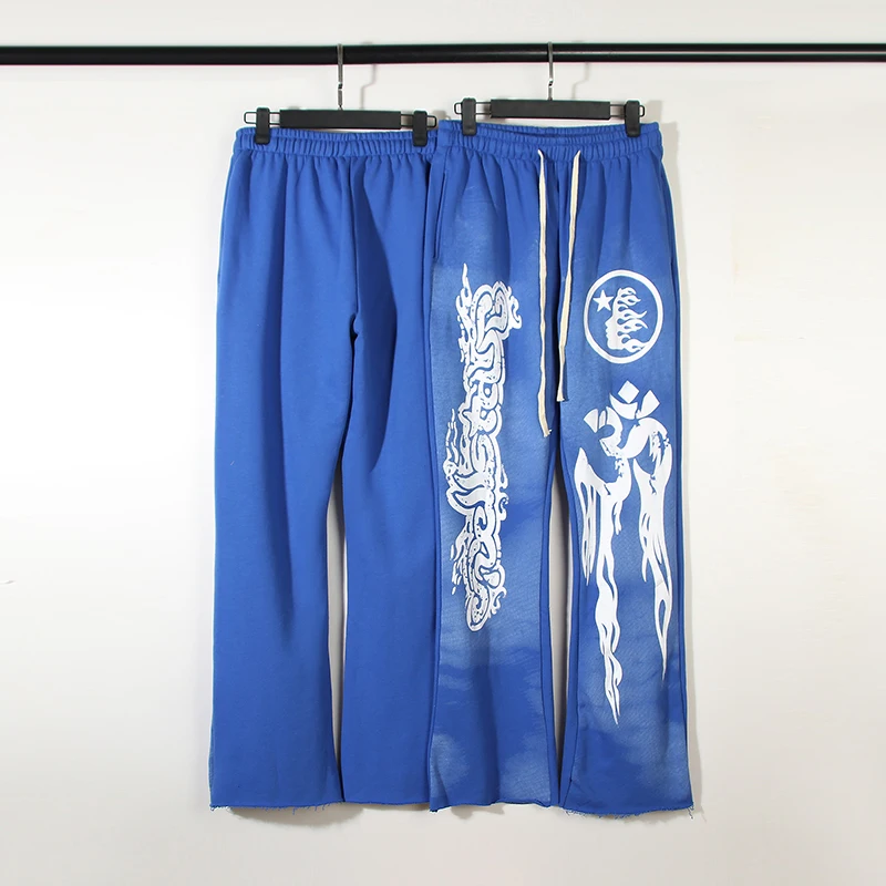 

High Street Hellstar Studios Blue Retro Clay Print Casual Pants Bell-bottoms Heavyweight Terry Jogging Men Sports Pants