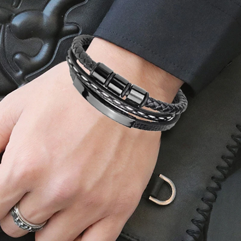 Charm Name Letter Customize Leather Breaclet for Women Men Stainless Steel Beads Braided Rope Wrist Bracelet Personalized bracelet jewelry