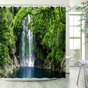 Shower Curtain: Majestic Waterfall in a Lush Forest for a Refreshing, Nature-Inspired Bathroom Decor 1