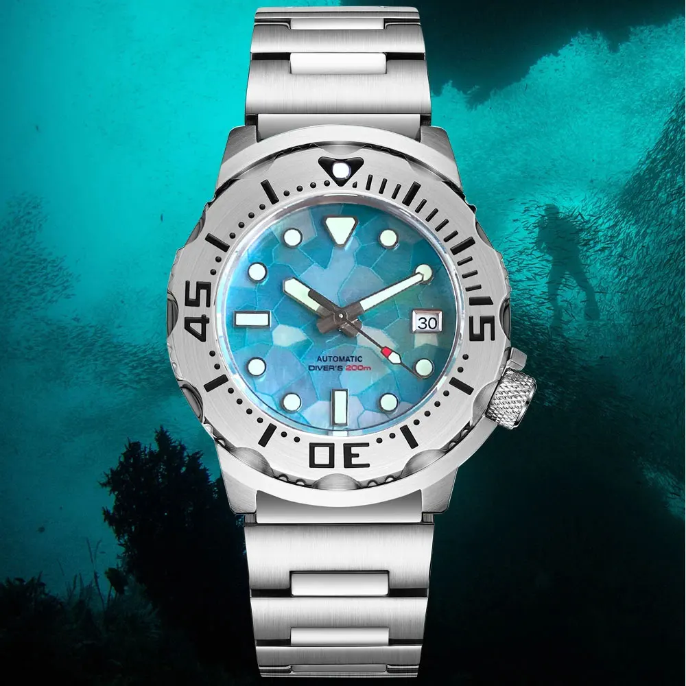 Tandorio Gloss Shell Dial 42mm NH35A 20BAR Waterproof Automatic Diving Monster Watch For Men Luminous AR Sapphire Glass Montres