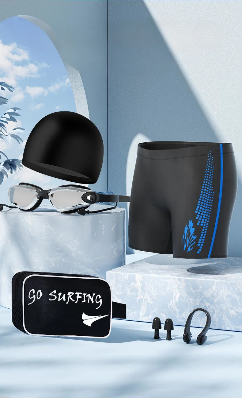 Swimming Trunks Men's Professional Quick-drying Anti-embarrassment Large Size Flat Angle Swimsuits Soaking Spa Goggles Cap