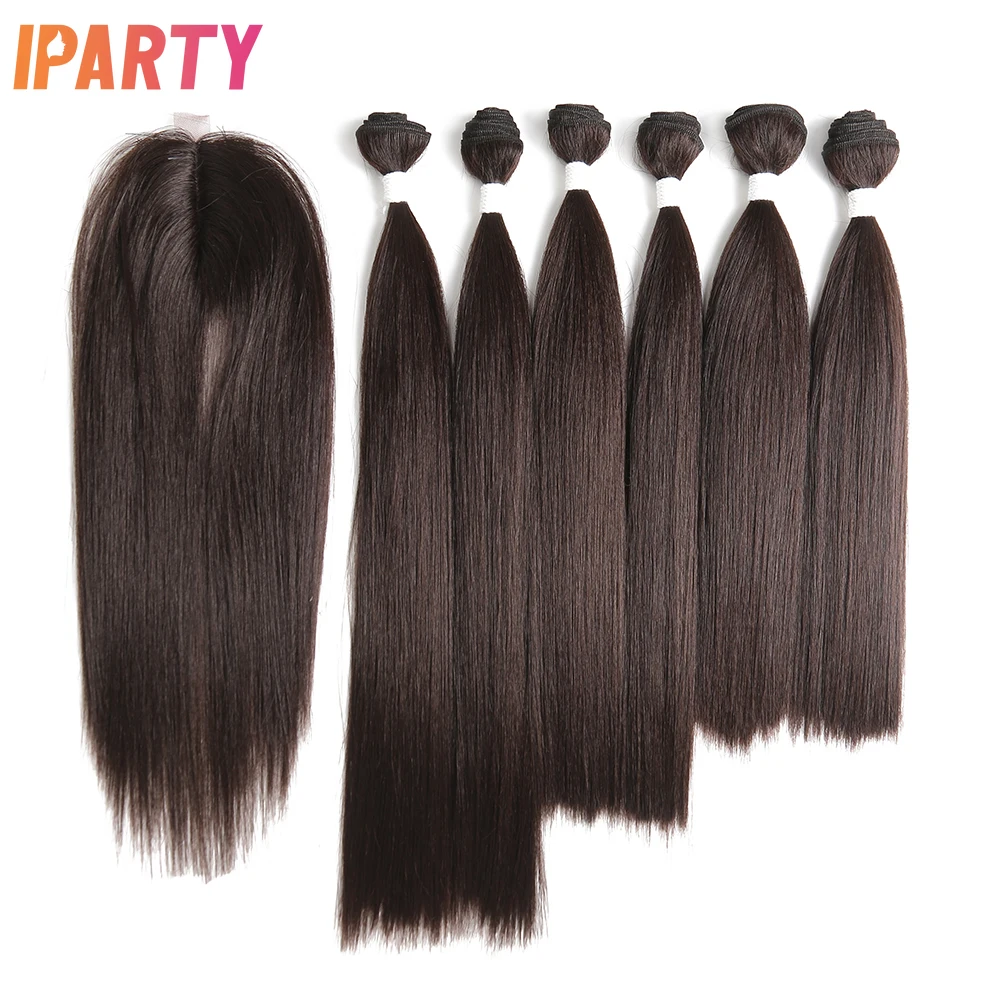 Synthetic Hair Extensions IPARTY Yaki Straight Hair Weaving Bundles with Closure 14-18 inch Long 7 Pcs/Pack Hair Extension Synthetic Weft For Women