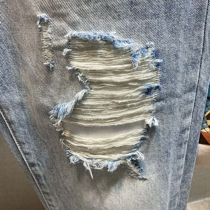 Summer2024New Japanese Pants Men's Loose Hole Cropped Length Retro Street Personality Trend Loose Straight Harem Jeans
