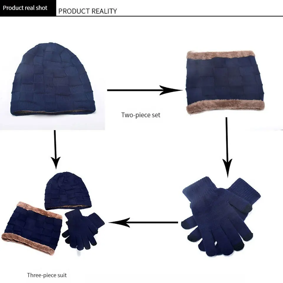 Winter Thick Beanie Hat With Gloves Knitted Wool Neck Scarf Warm Bonnet Hat Outdoors Cycling Skiing Cap Balaclava Mask Unisex