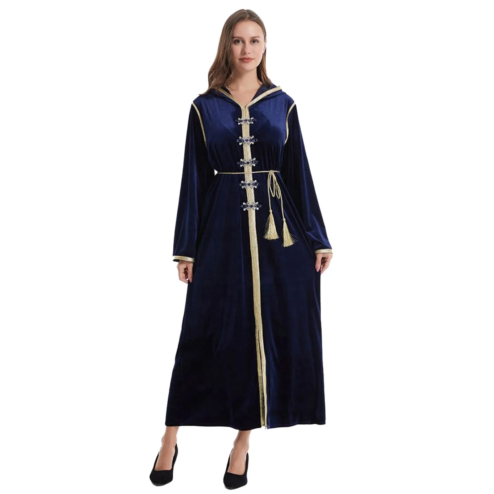 

Women's Muslim Hooded Long Sleeve Vintage Pullover Robe Prayer Dress Cotton Robe for Women with Lace