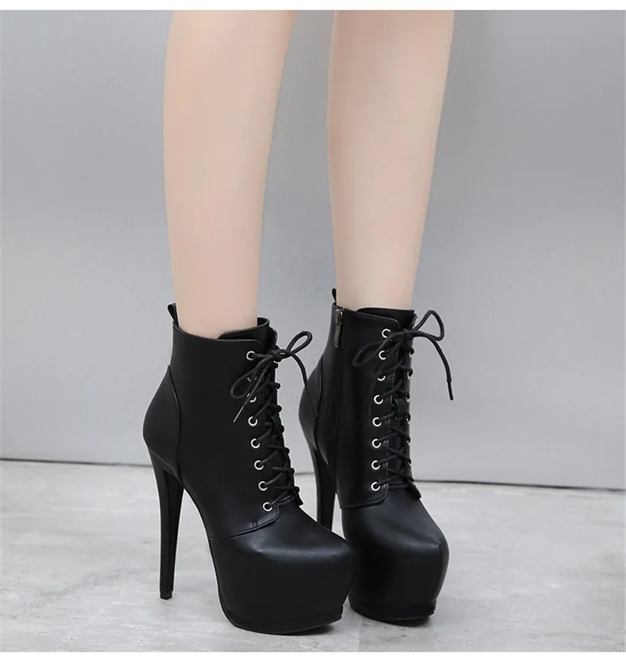 Sexy Super High Heels 15CM Party Boots Women Black Soft Leather Fashion Platform Ankle Boots New Pointy Toe Female Lace Up Shoes