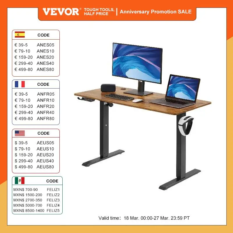 VEVOR Electric Standing Desk Height Adjustable Standing Desk W/ Dual Protecting System High Load Capacity Table for Home Office costway electric standing desk sit to stand height adjustable dual motor grey hw67380us gr hw68157wh m
