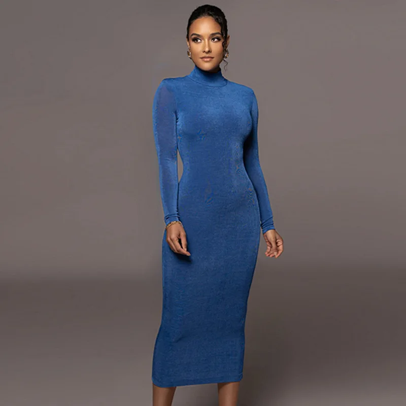 

2022 Turtleneck Long Sleeve Solid Elegant Sexy Bodycon Skinny Maxi Prom Dress Fall Winter Birthday Party Y2K Clothes