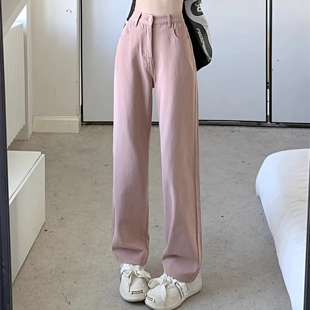 Jean Vintage à Jambes Larges pour Femme, Pantalon Taille Haute, Mode Féminine, Noir, Gris, Rétro, Bleu Clair, Rose, Denim Fjj 3
