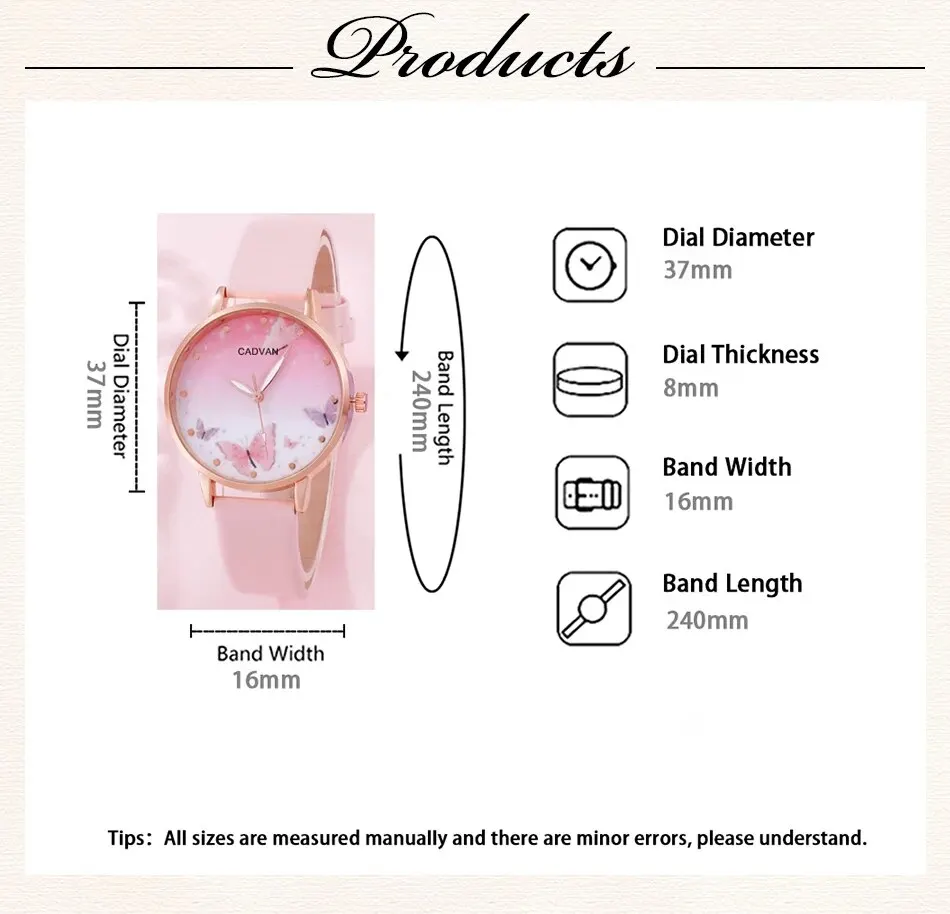 Sec78ff5201a04ae896f32708d765b2a5C 6PCS Set Women Fashion Quartz Watch Female Clock Pink Butterfly Dial Luxury Brand Design Ladies Leather Wrist Watch Montre Femme Mallzona