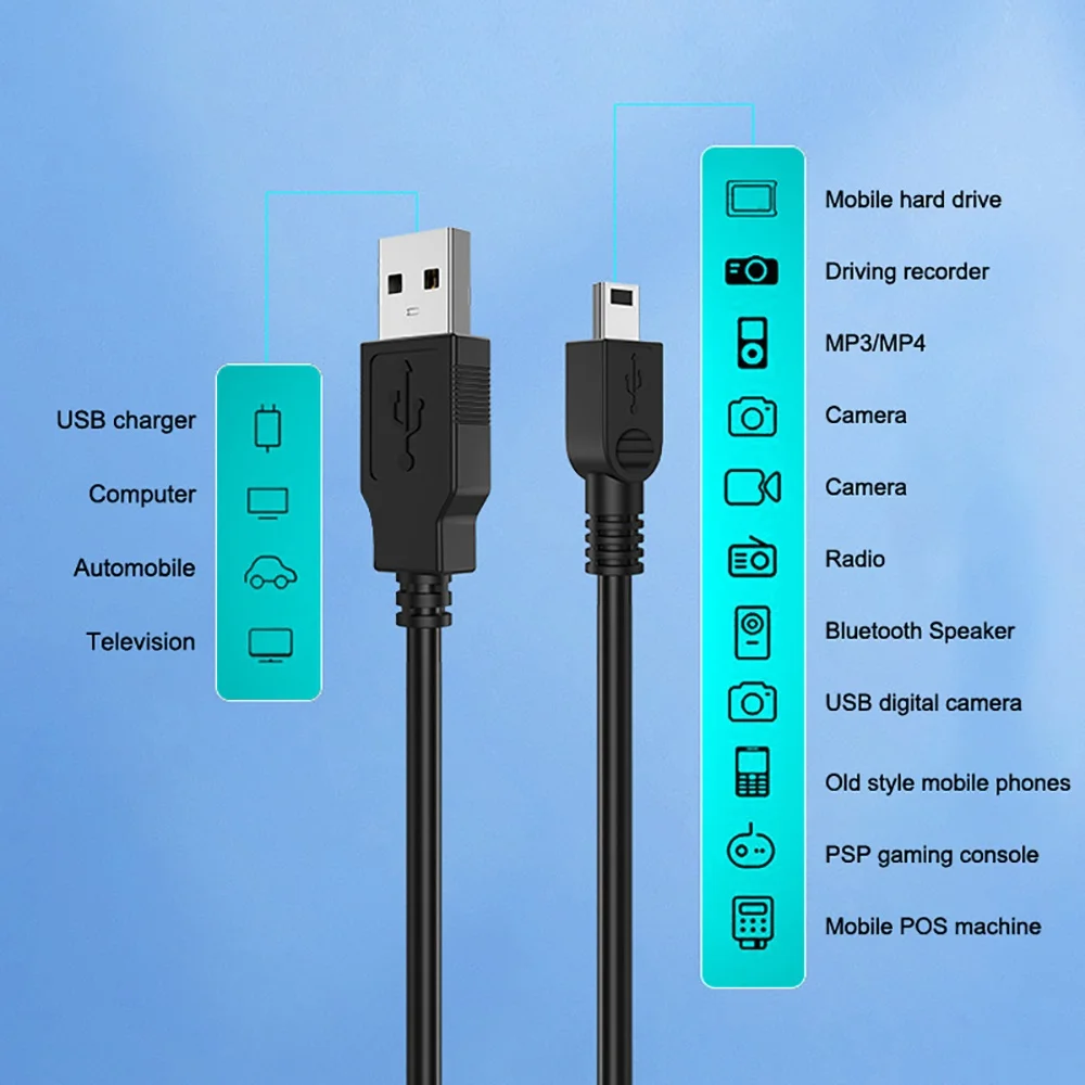 USB To Mini USB Charging Data Cable For Camera Mobile Phone Computer Data Sync Supports MP3/MP4/MP5 Charging or Downloading Song