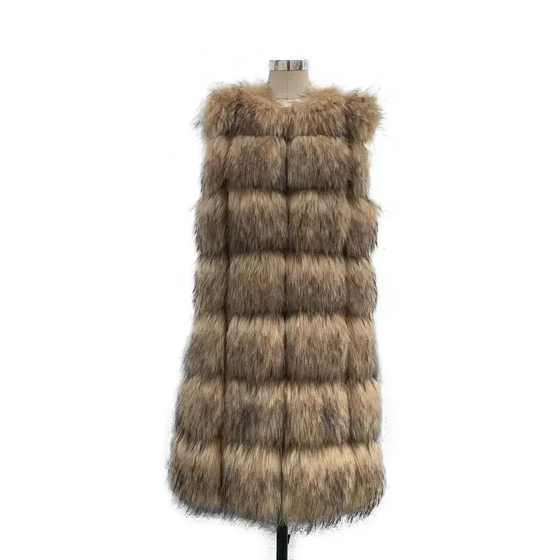 Fur Winter New European and American Fur Vest Imitation Raccoon Fur Long Fit Splice Coat
