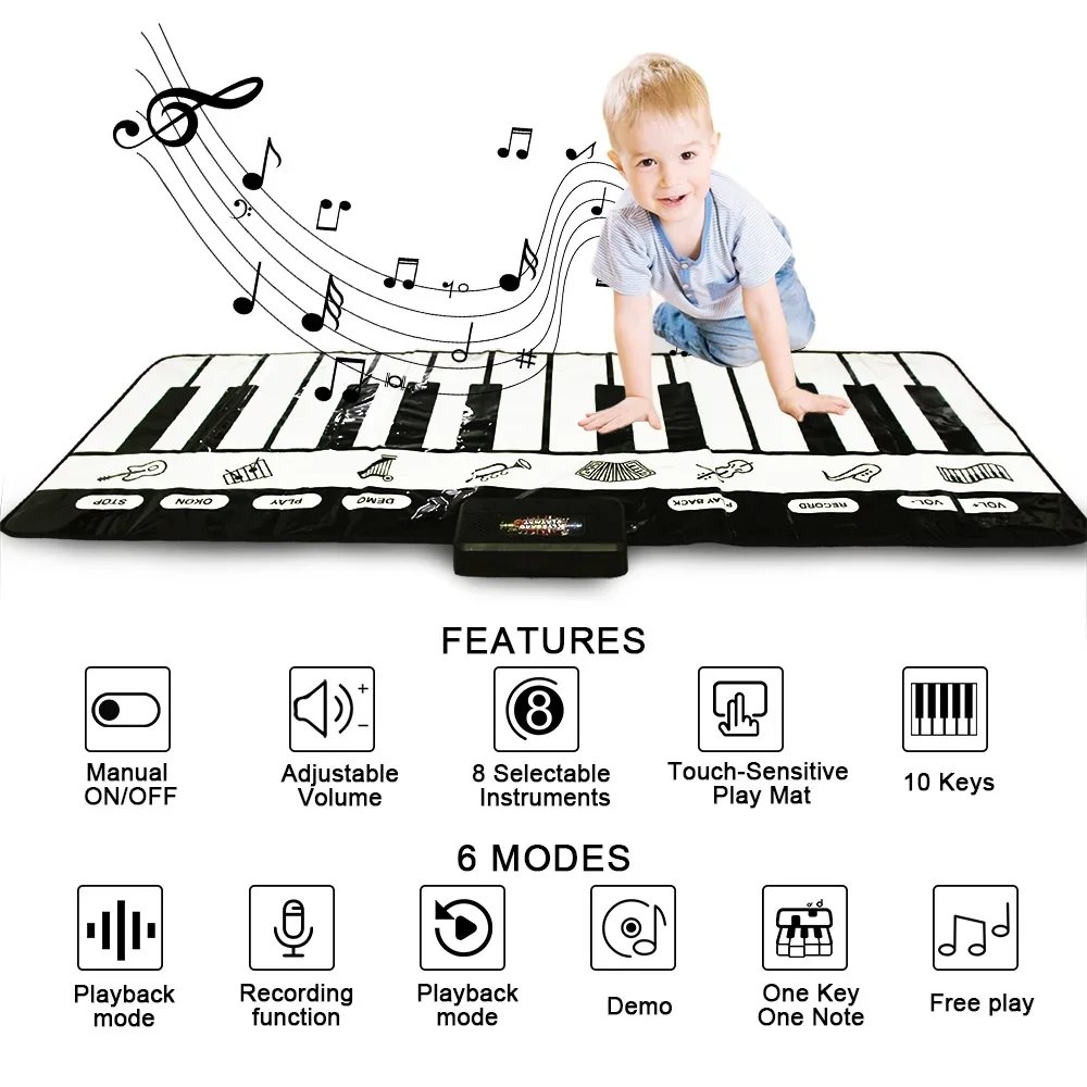 180x72cm Electronic Musical Carpet Black & White Keyboard Kids Playing Piano Mat Baby Play Mat Rug Early Educational Toys Gift 4