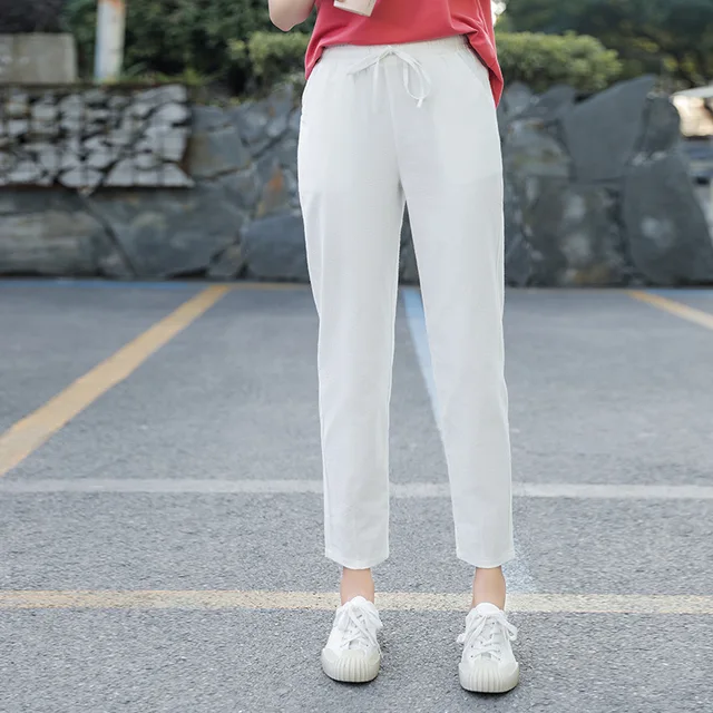 Women's Pants 2021 Autumn New Cotton Trousers Casual Harem Pants Loose Ankle Length Pure Color Pants Korean Ladies Leisure Pant white