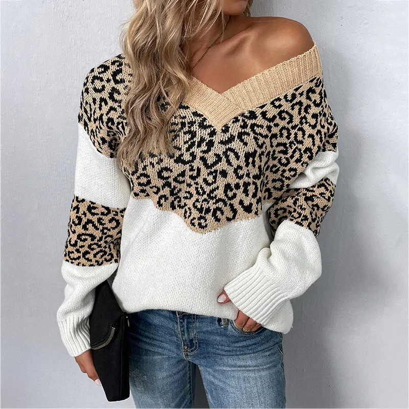 Women's Leopard Print Pullover Sweater Sexy V Neck Patchwork Knitting